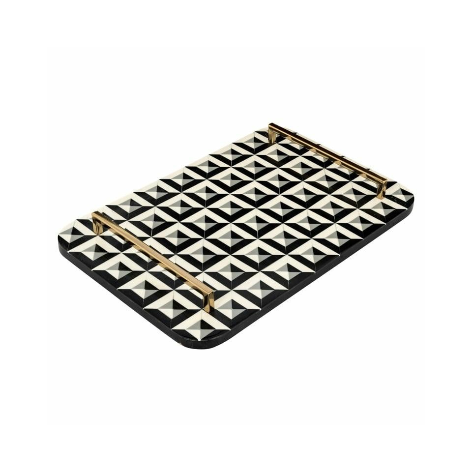 TACA DEKORACYJNA z żywicy, biało-czarna ze złotymi uchwytami, ekskluzywna, glamour