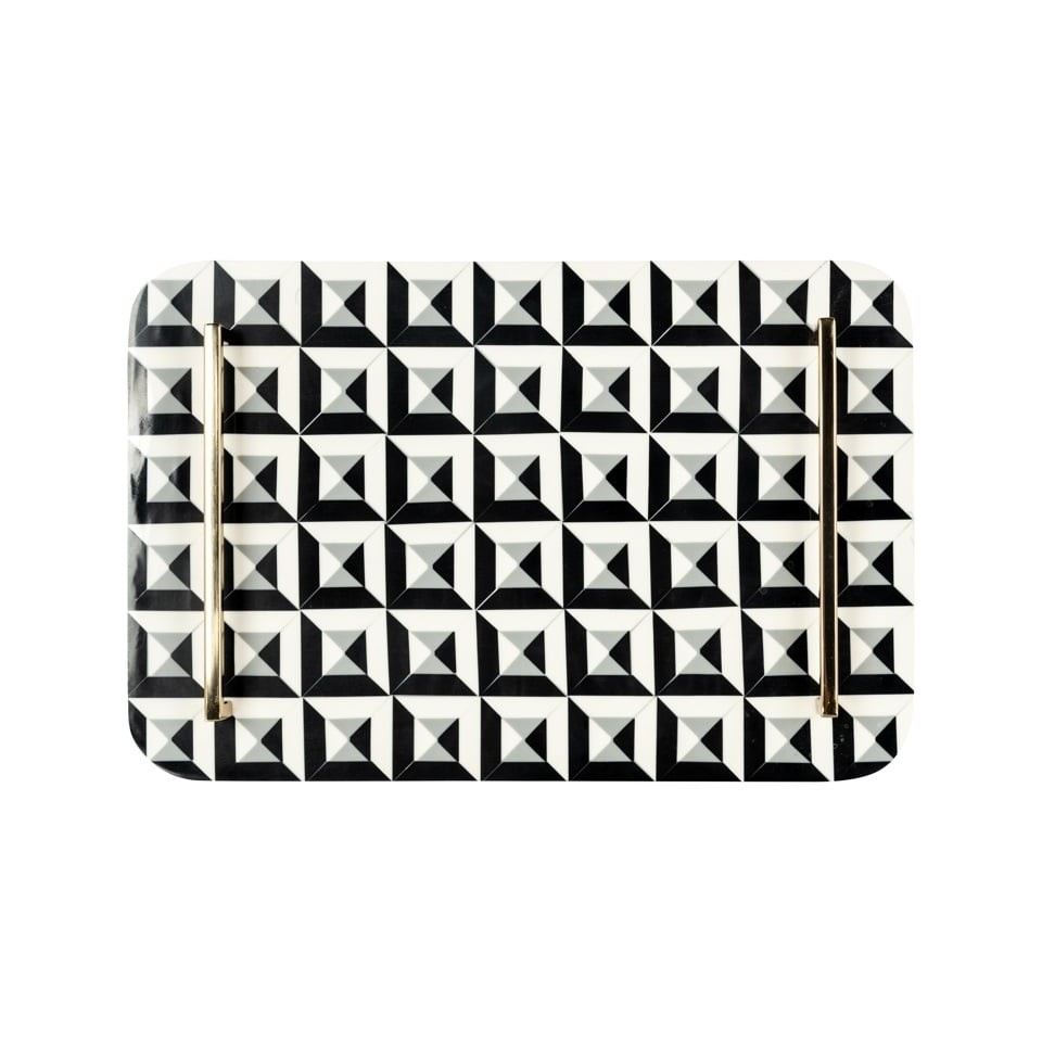 TACA DEKORACYJNA z żywicy, biało-czarna ze złotymi uchwytami, ekskluzywna, na stół