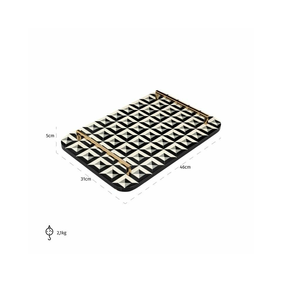 TACA DEKORACYJNA z żywicy, biało-czarna ze złotymi uchwytami, ekskluzywna, wymiary