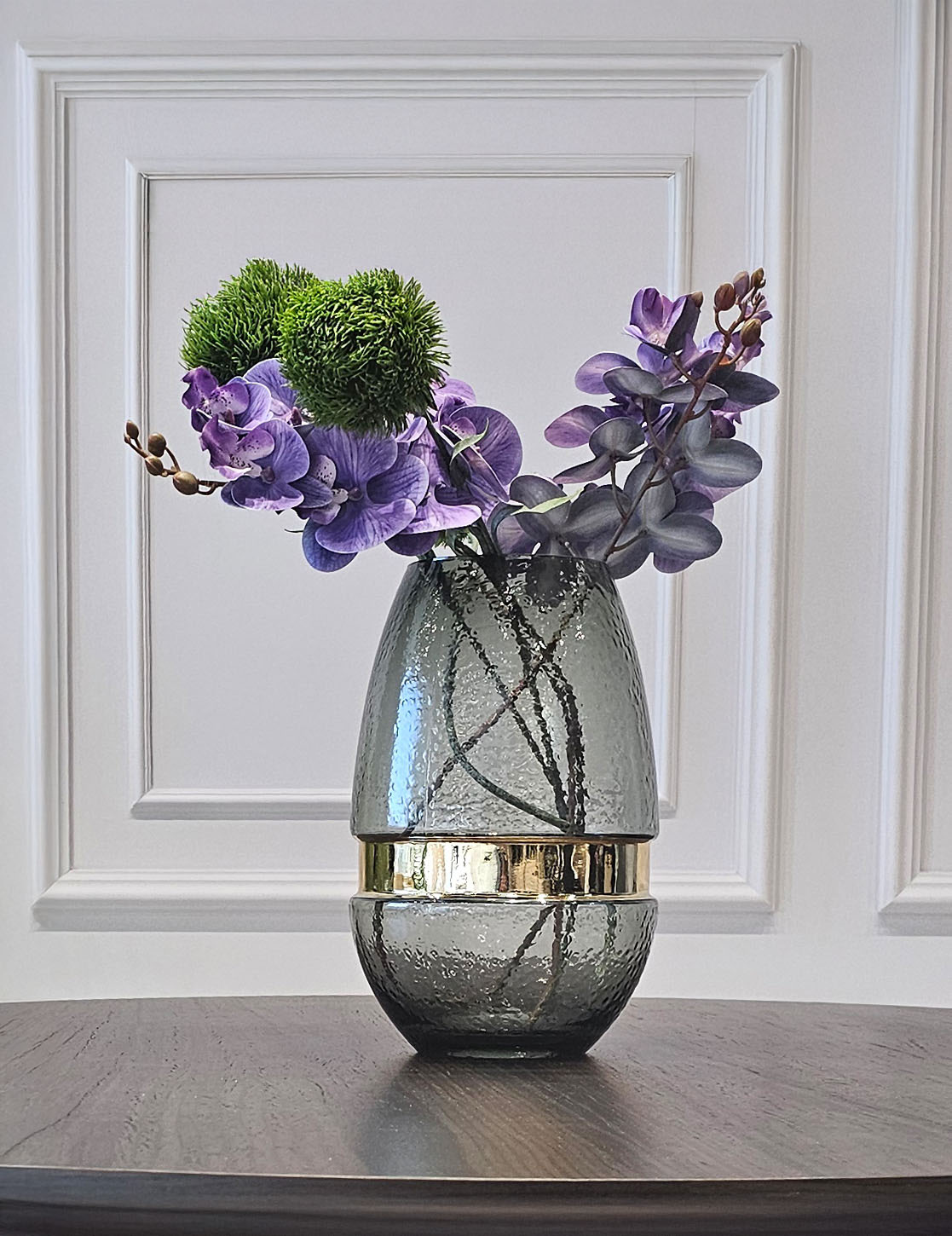 WAZON z szarego dymionego szkła, złota obwódka, wyjątkowa faktura, nowoczesny WAZON z szarego dymionego szkła, złota obwódka, wyjątkowa faktura, nowoczesny