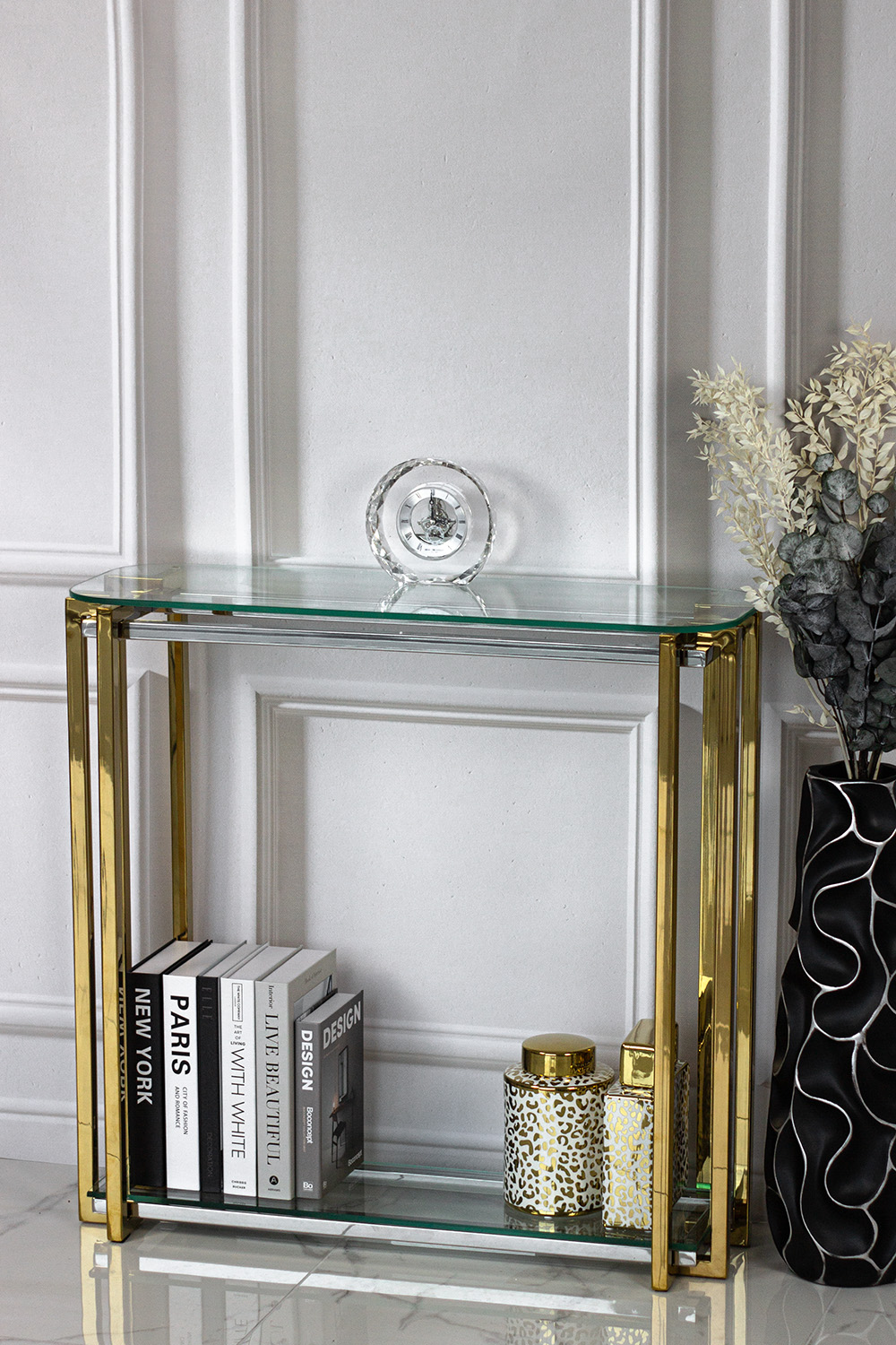 ZEGAR STOJĄCY kryształowy, srebrny tarcza, otwarty mechanizm, styl glamour, ekskluzywny ZEGAR STOJĄCY kryształowy, srebrny tarcza, otwarty mechanizm, styl glamour, ekskluzywny