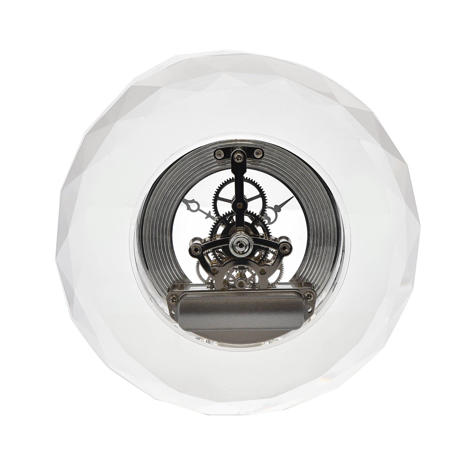 ZEGAR STOJĄCY kryształowy, srebrny tarcza, otwarty mechanizm, styl glamour, wyjątkowy ZEGAR STOJĄCY kryształowy, srebrny tarcza, otwarty mechanizm, styl glamour, wyjątkowy