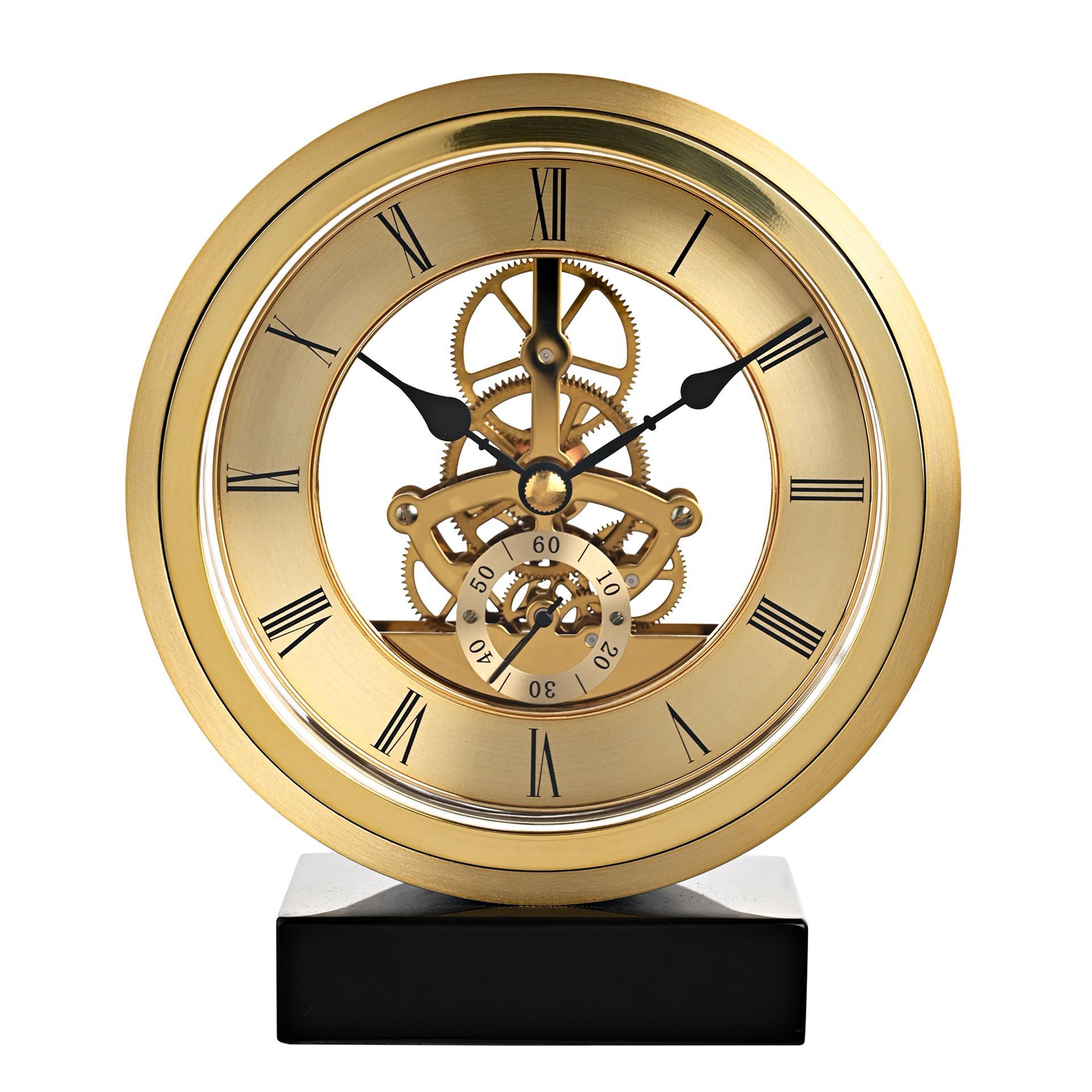 ZEGAR STOJĄCY okrągły, złoty, na czarnej podstawie, z widocznym mechanizmem, glamour ZEGAR STOJĄCY okrągły, złoty, na czarnej podstawie, z widocznym mechanizmem, glamour