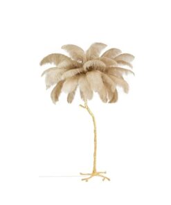 LAMPA PODŁOGOWA w kształcie palmy, mosiężna metalowa podstawa, klosz z ptasich piór