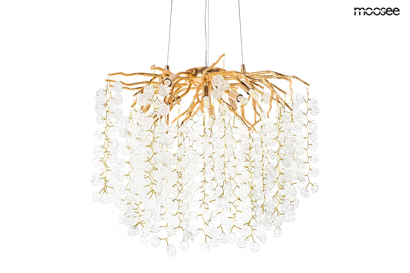 LAMPA WISZĄCA na złotym stelażu, akrylowe transparentne klosze, nowoczesny design 60 cm LAMPA WISZĄCA na złotym stelażu, akrylowe transparentne klosze, nowoczesny design 60 cm