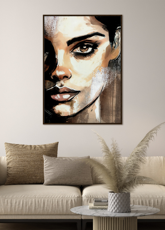 OBRAZ ścienny, prostokątny z motywem kobiecej twarzy, brązowo-beżowa tonacja, nowoczesny, piękny OBRAZ ścienny, prostokątny z motywem kobiecej twarzy, brązowo-beżowa tonacja, nowoczesny, piękny