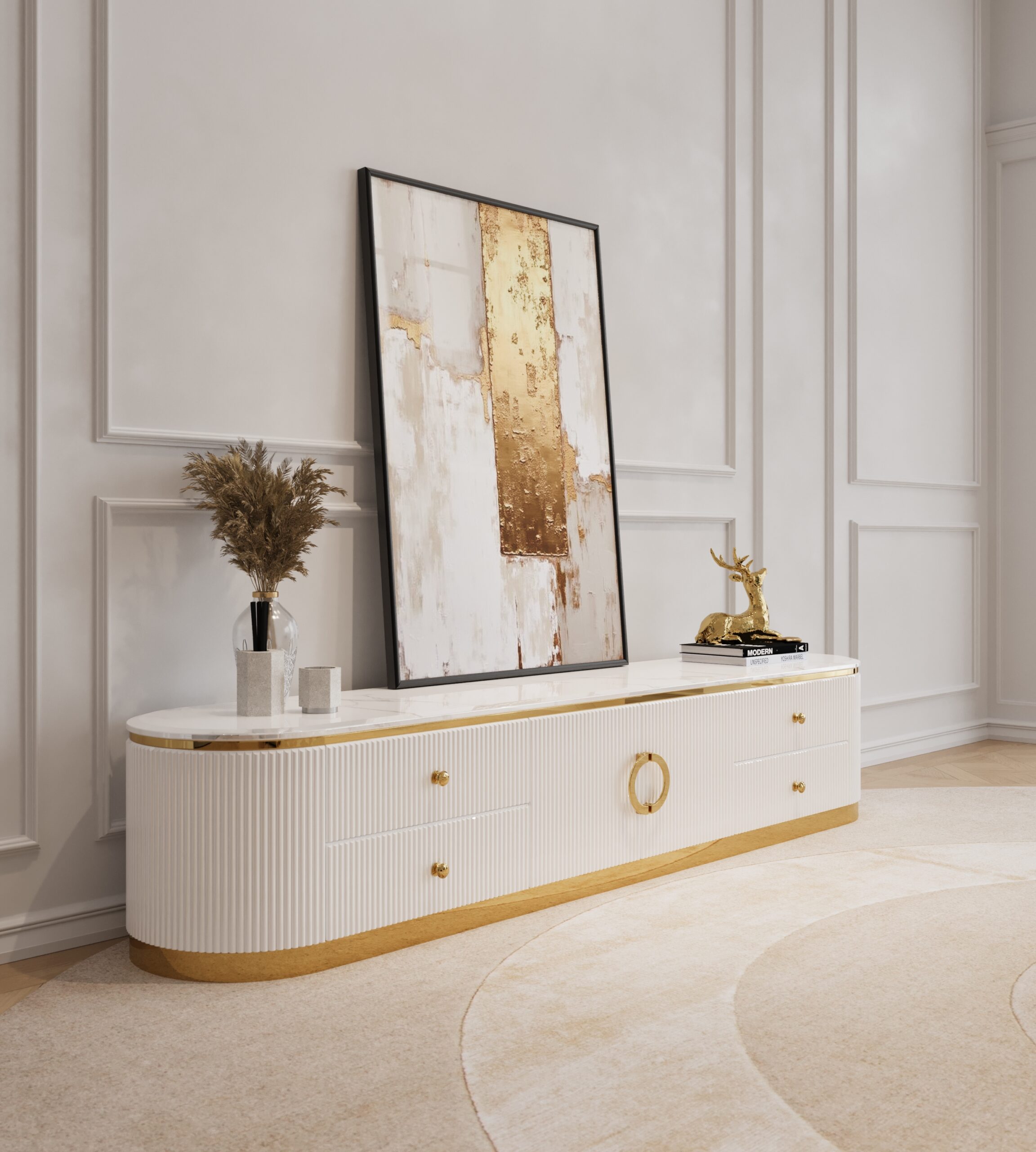 SZAFKA RTV Anne biała, ryflowana, złote metalowe dodatki, biały blat z konglomeratu marmurowego, styl glamour, ekskluzywna