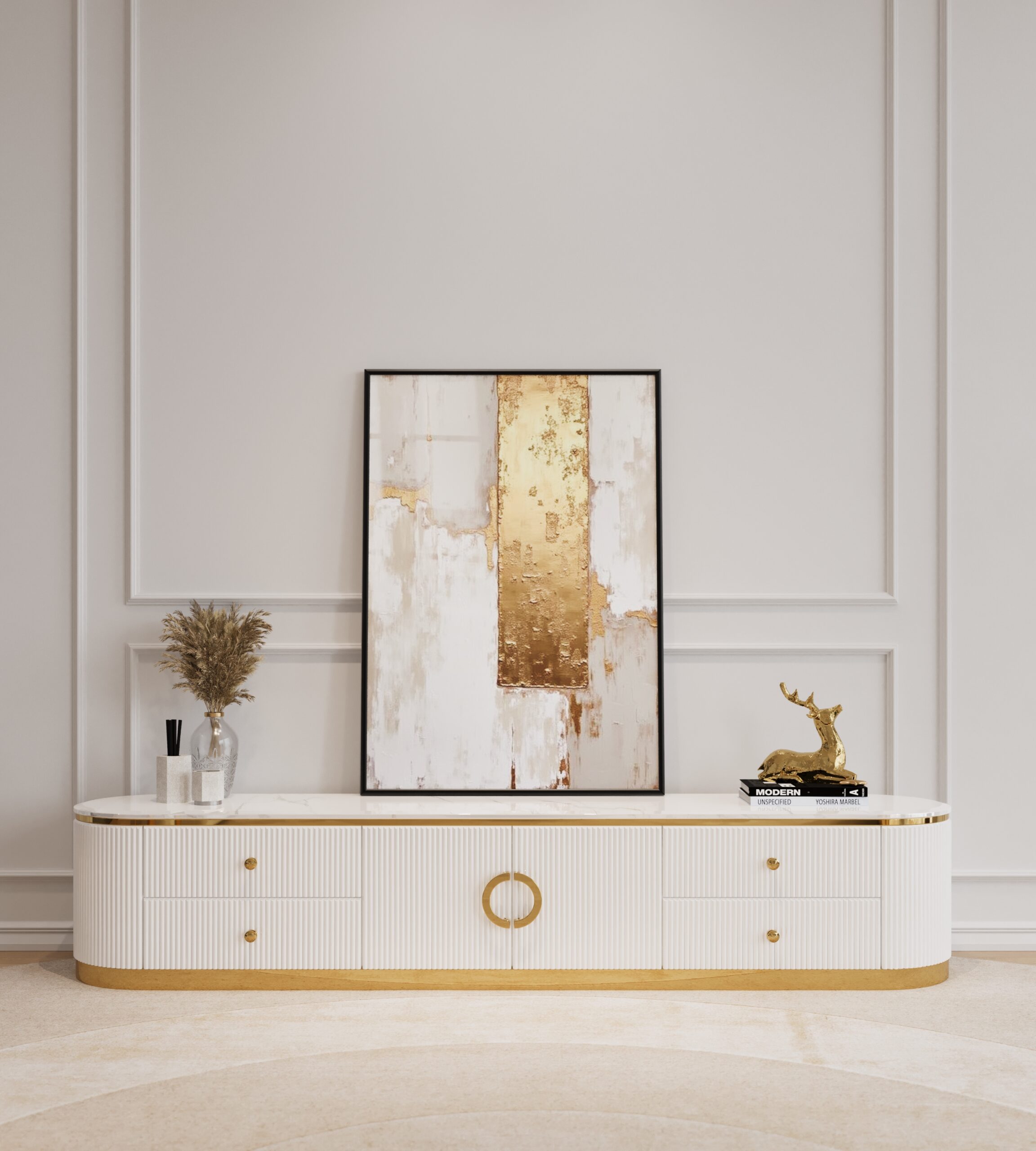 SZAFKA RTV Anne biała, ryflowana, złote metalowe dodatki, biały blat z konglomeratu marmurowego, styl glamour, piękna