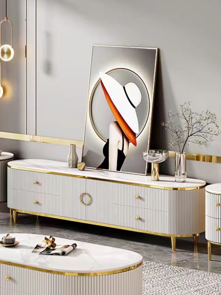 SZAFKA RTV na złotych nóżkach, biała, ryflowana, blat ze spieku kamiennego, glamour SZAFKA RTV na złotych nóżkach, biała, ryflowana, blat ze spieku kamiennego, glamour