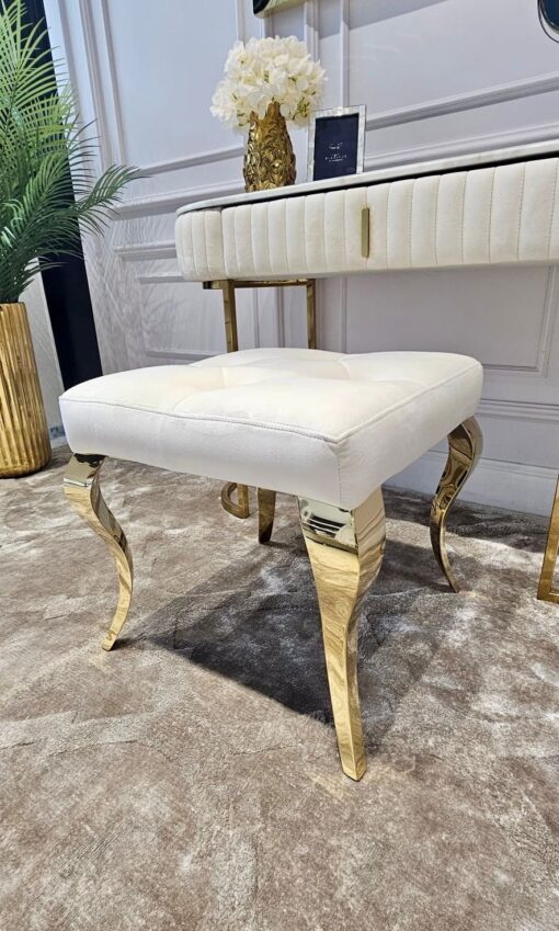 TABORET Lyon tapicerowany, pikowany, złote nogi, stal nierdzewna, glamour