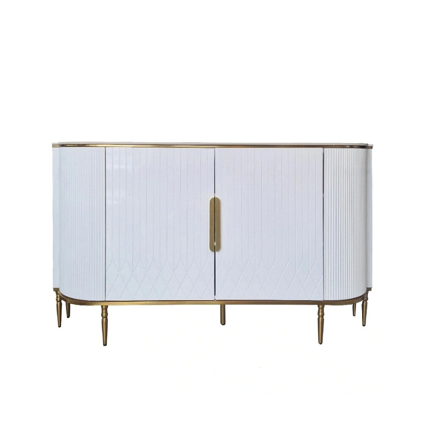 KOMODA biała, ryflowana ze złotymi metalowymi detalami, blat ze spieku kamiennego, glamour