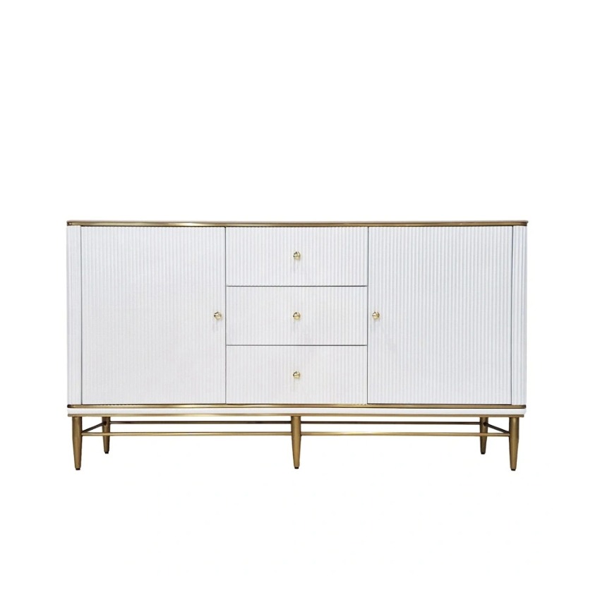 KOMODA ryflowana, biała, złote metalowe detale, blat ze spieku kamiennego, styl glamour