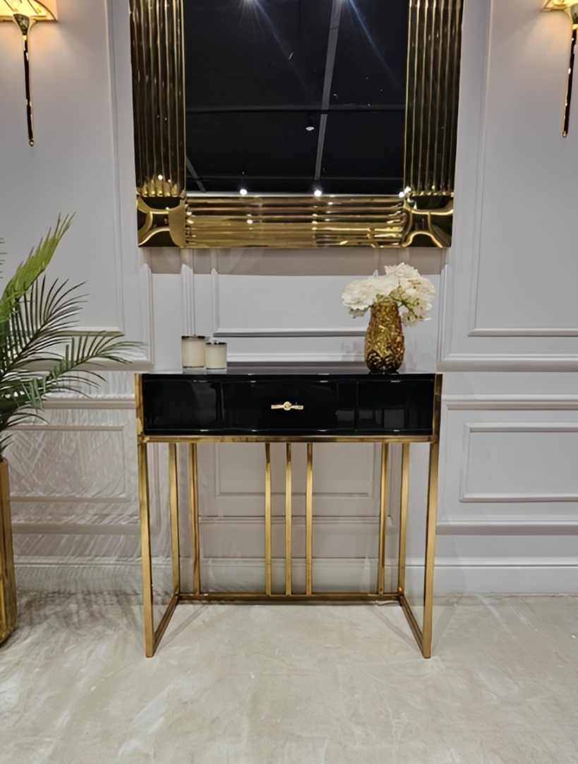 KONSOLA LOUVRE z jedną szufladą, złoty stelaż, czarny korpus w wysokim połysku, styl glamour, ekskluzywna