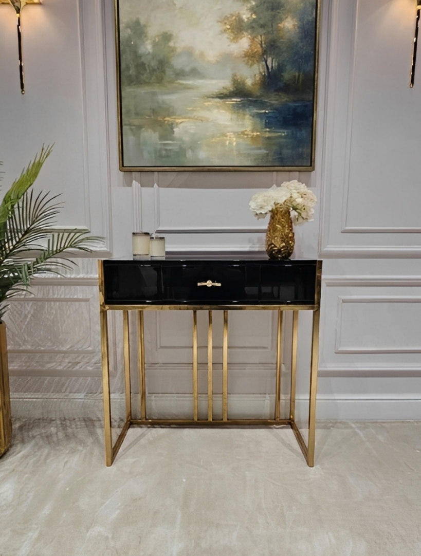 KONSOLA LOUVRE z jedną szufladą, złoty stelaż, czarny korpus w wysokim połysku, styl glamour, premium