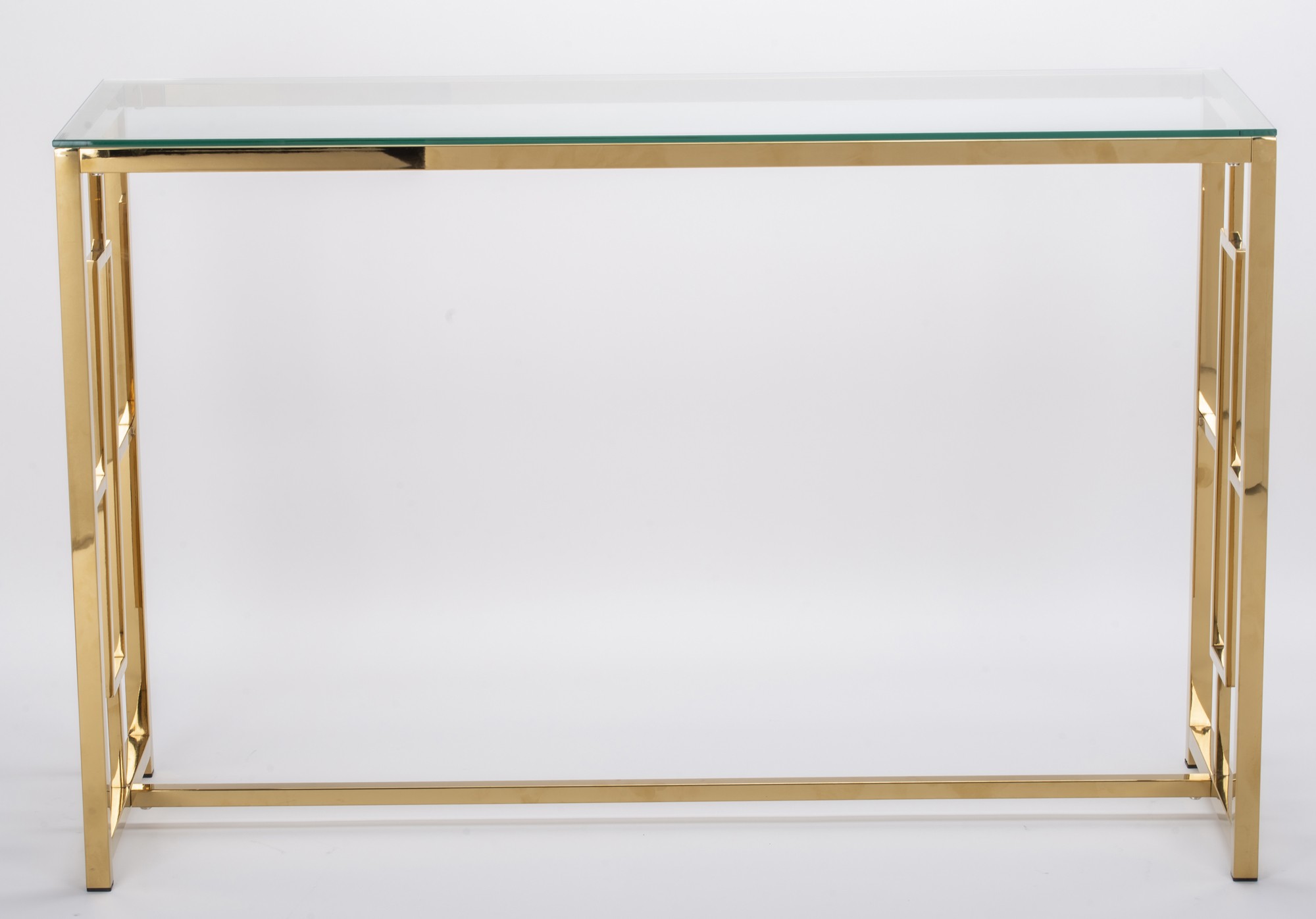 KONSOLA na złotym stelażu ze stali nierdzewnej, transparentny szklany blat, styl glamour, do przedpokoju KONSOLA na złotym stelażu ze stali nierdzewnej, transparentny szklany blat, styl glamour, do przedpokoju