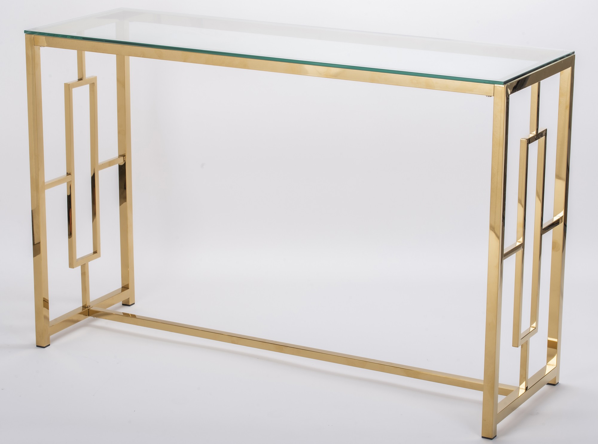 KONSOLA na złotym stelażu ze stali nierdzewnej, transparentny szklany blat, styl glamour, ekskluzywna KONSOLA na złotym stelażu ze stali nierdzewnej, transparentny szklany blat, styl glamour, ekskluzywna
