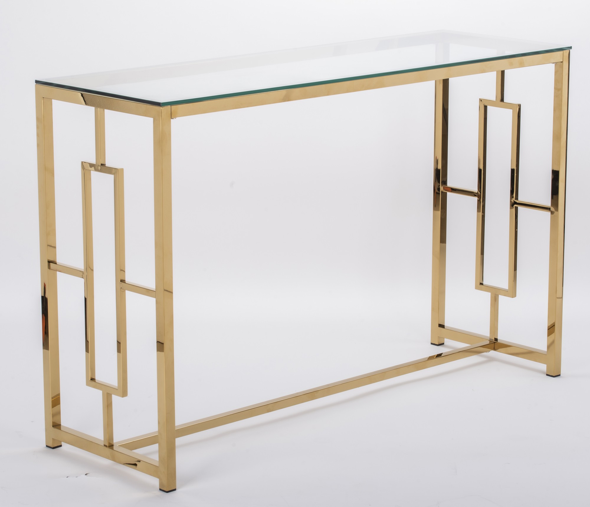KONSOLA na złotym stelażu ze stali nierdzewnej, transparentny szklany blat, styl glamour, na korytarz KONSOLA na złotym stelażu ze stali nierdzewnej, transparentny szklany blat, styl glamour, na korytarz