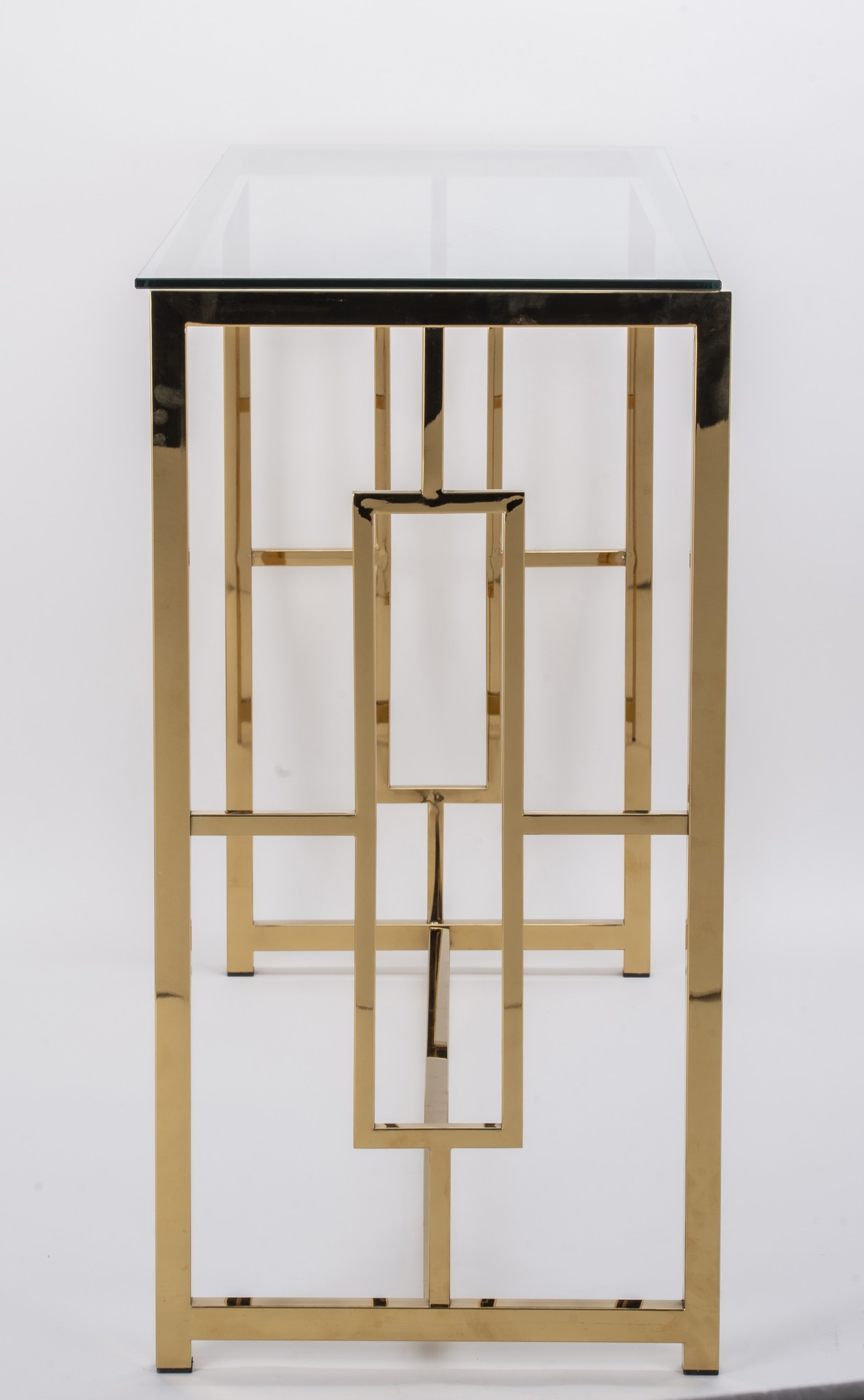 KONSOLA na złotym stelażu ze stali nierdzewnej, transparentny szklany blat, styl glamour, piękna KONSOLA na złotym stelażu ze stali nierdzewnej, transparentny szklany blat, styl glamour, piękna