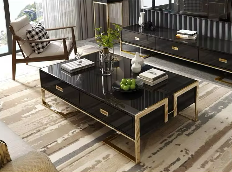 ŁAWA KAWOWA Espiro czarno-złota z 4 szufladami, wysoki połysk, styl glamour, wyjątkowa