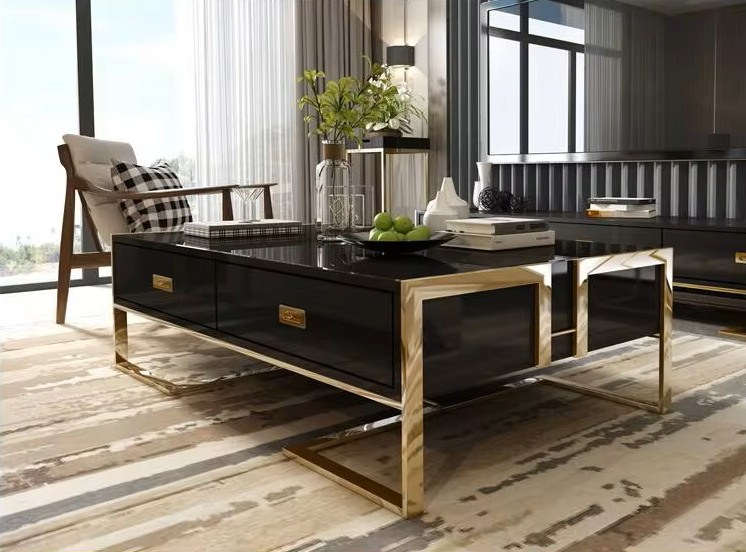 ŁAWA KAWOWA Espiro czarno-złota z 4 szufladami, wysoki połysk, styl glamour