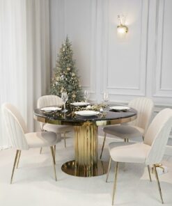 STÓŁ JADALNIANY okrągły Riviera, podstawa ze stali błyszczącej w kształcie rurek, czarny blat z konglomeratu (możliwość zmiany blatu), święta