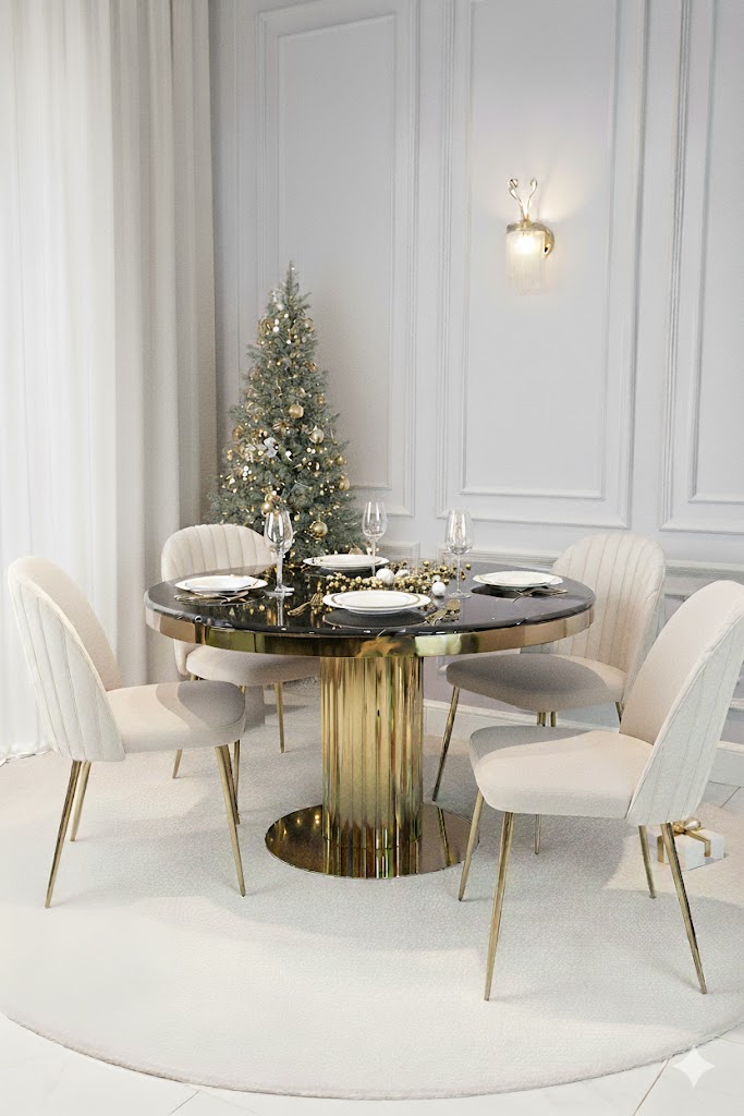 STÓŁ JADALNIANY okrągły Riviera, podstawa ze stali błyszczącej w kształcie rurek, czarny blat z konglomeratu (możliwość zmiany blatu), święta