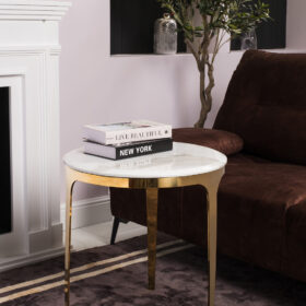 STOLIK KAWOWY lub POMOCNICZY YORK okrągły, na złotym stelażu, czarny blat imitujący marmur, ekskluzywny, wyjątkowy