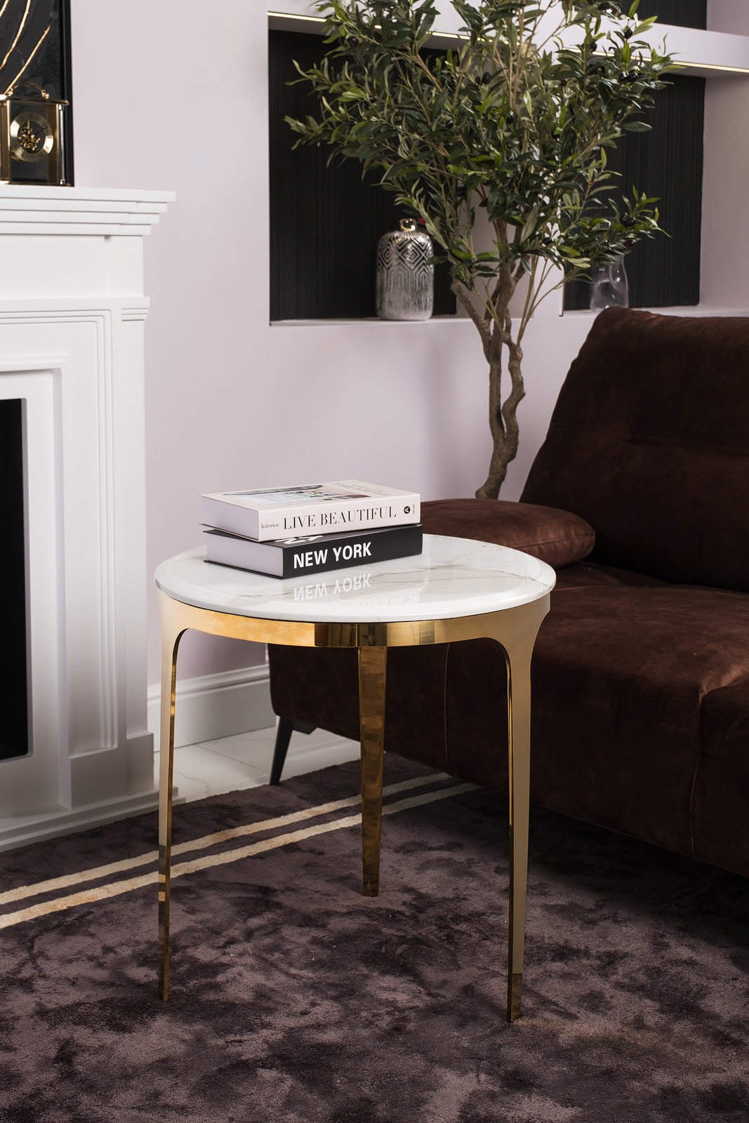 STOLIK KAWOWY lub POMOCNICZY YORK okrągły, na złotym stelażu, czarny blat imitujący marmur, ekskluzywny, wyjątkowy