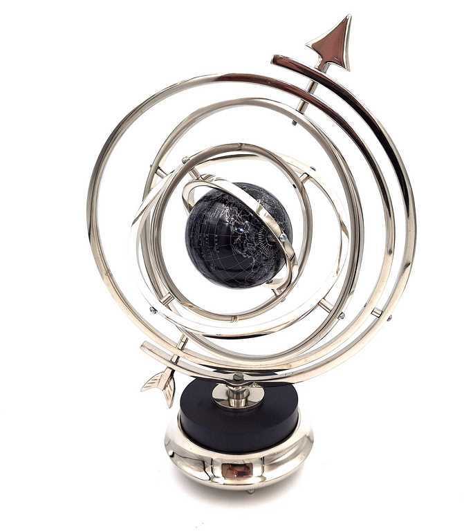 FIGURKA DEKORACYJNA srebrne astrolabium z globusem, czarne detale, elegancka, wyjątkowa FIGURKA DEKORACYJNA srebrne astrolabium z globusem, czarne detale, elegancka, wyjątkowa