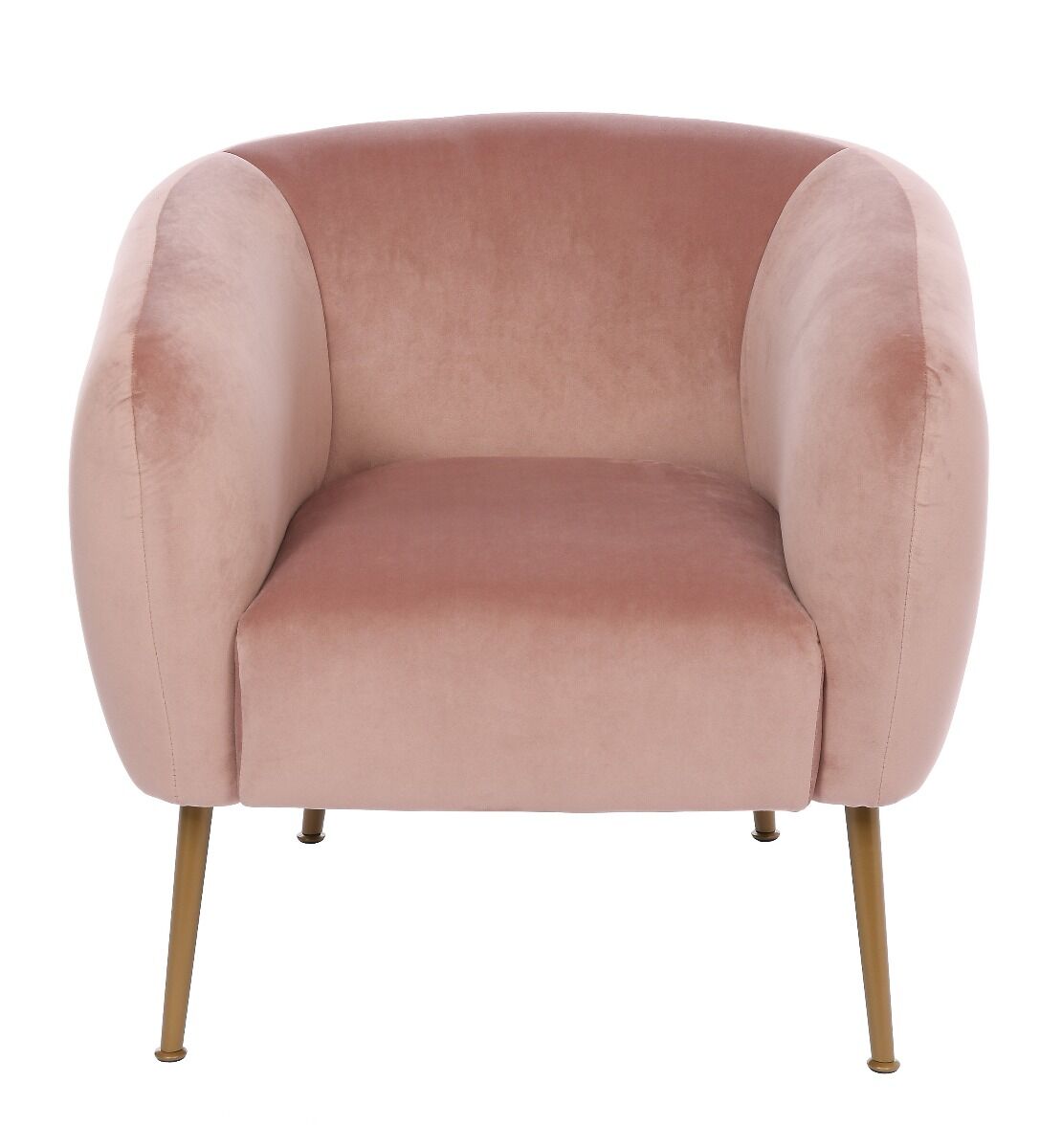 FOTEL o zaokrąglonym, miękkim oparciu z podłokietnikami, złote nóżki, różowy welur, styl pastel cocktail