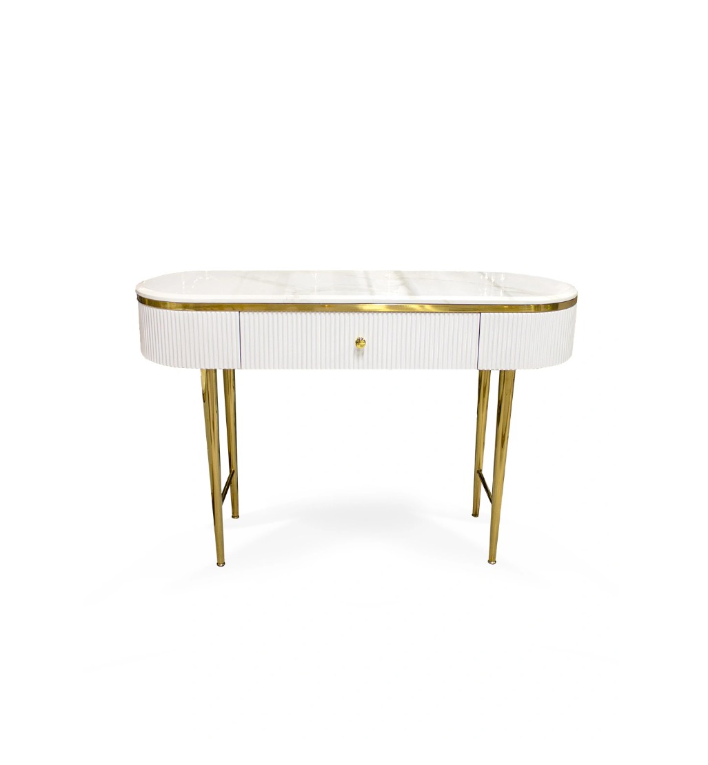 KONSOLA Anne z szufladą, na złotych metalowych nogach, biały ryflowany korpus, nowoczesny styl 100 cm KONSOLA Anne z szufladą, na złotych metalowych nogach, biały ryflowany korpus, nowoczesny styl 100 cm