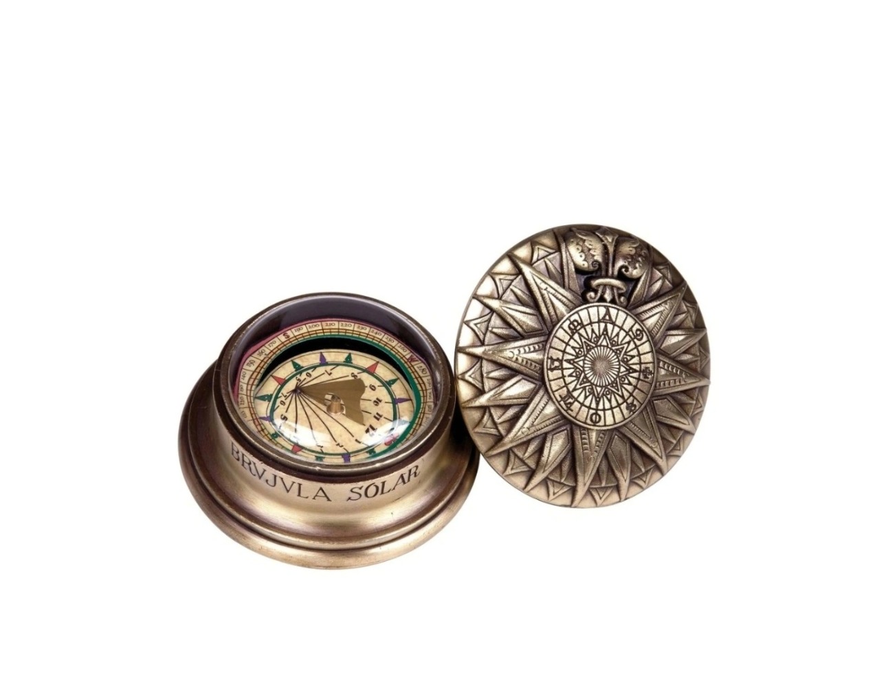 MOSIĘŻNY KOMPAS SOLARNY z bogato zdobioną pokrywą, solidny MOSIĘŻNY KOMPAS SOLARNY z bogato zdobioną pokrywą, solidny