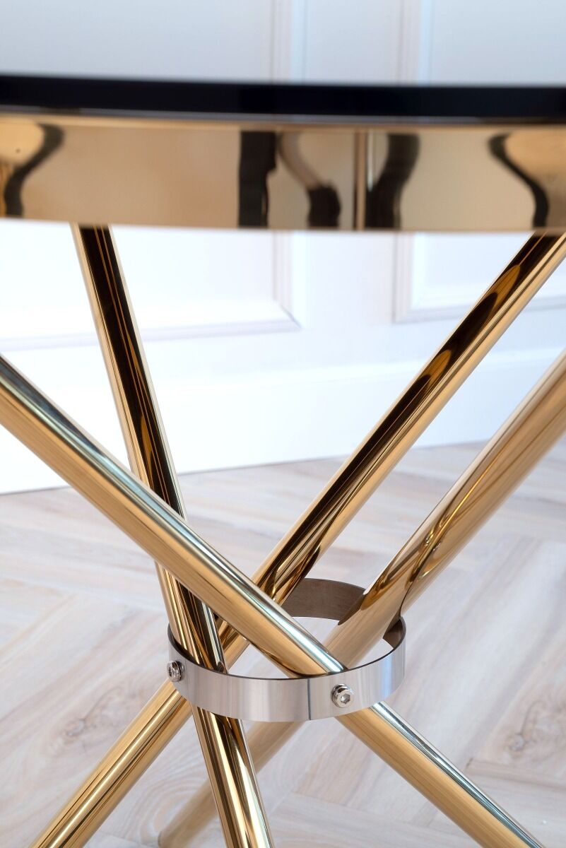 STÓŁ jadalniany okrągły, złota metalowa podstawa, czarny szklany blat, nowojorski glamour, ekskluzywny