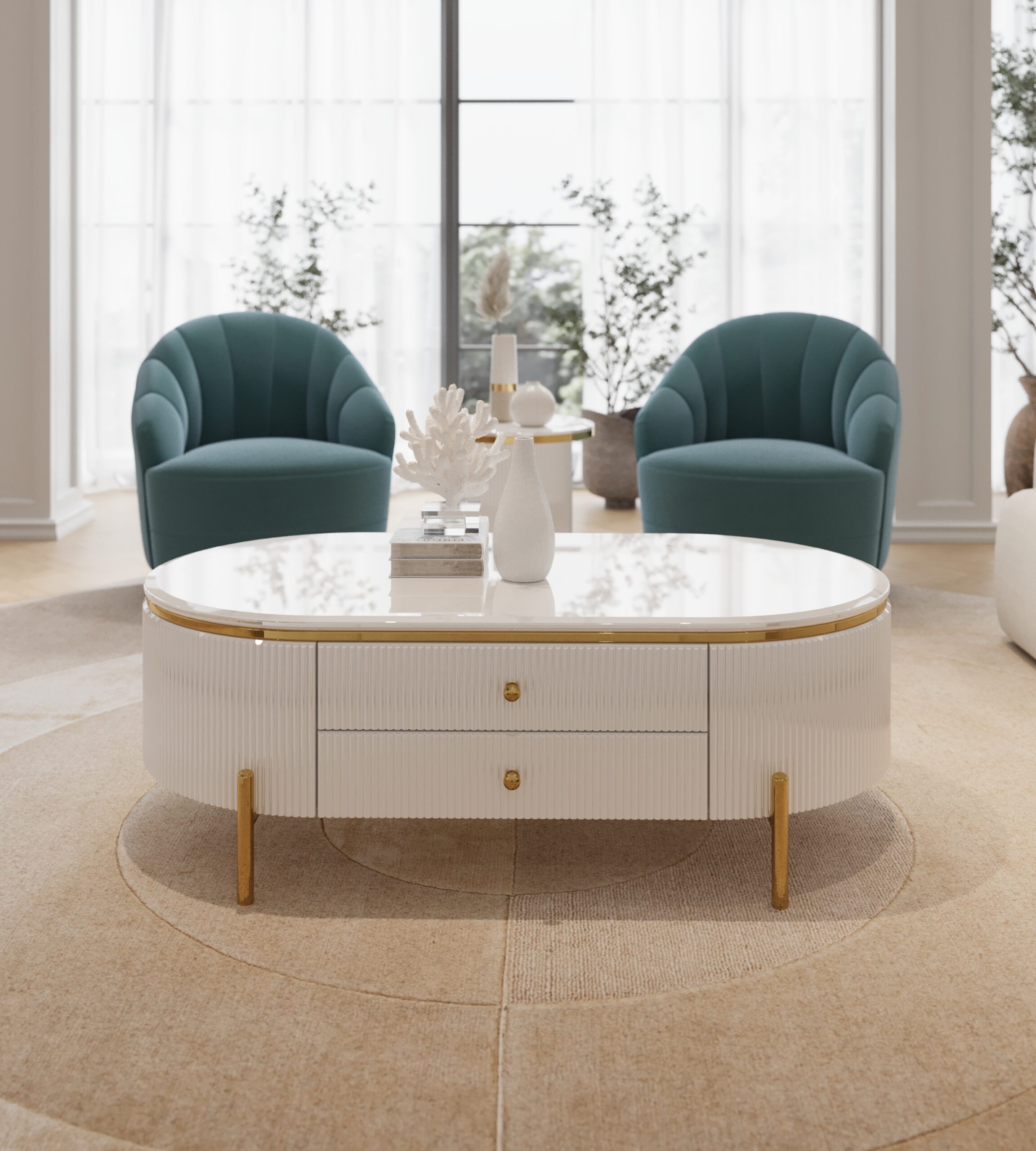 STOLIK KAWOWY Anne z ryflowanym białym korpusem, złote metalowe dodatki, blat z konglomeratu, ekskluzywny STOLIK KAWOWY Anne z ryflowanym białym korpusem, złote metalowe dodatki, blat z konglomeratu, ekskluzywny