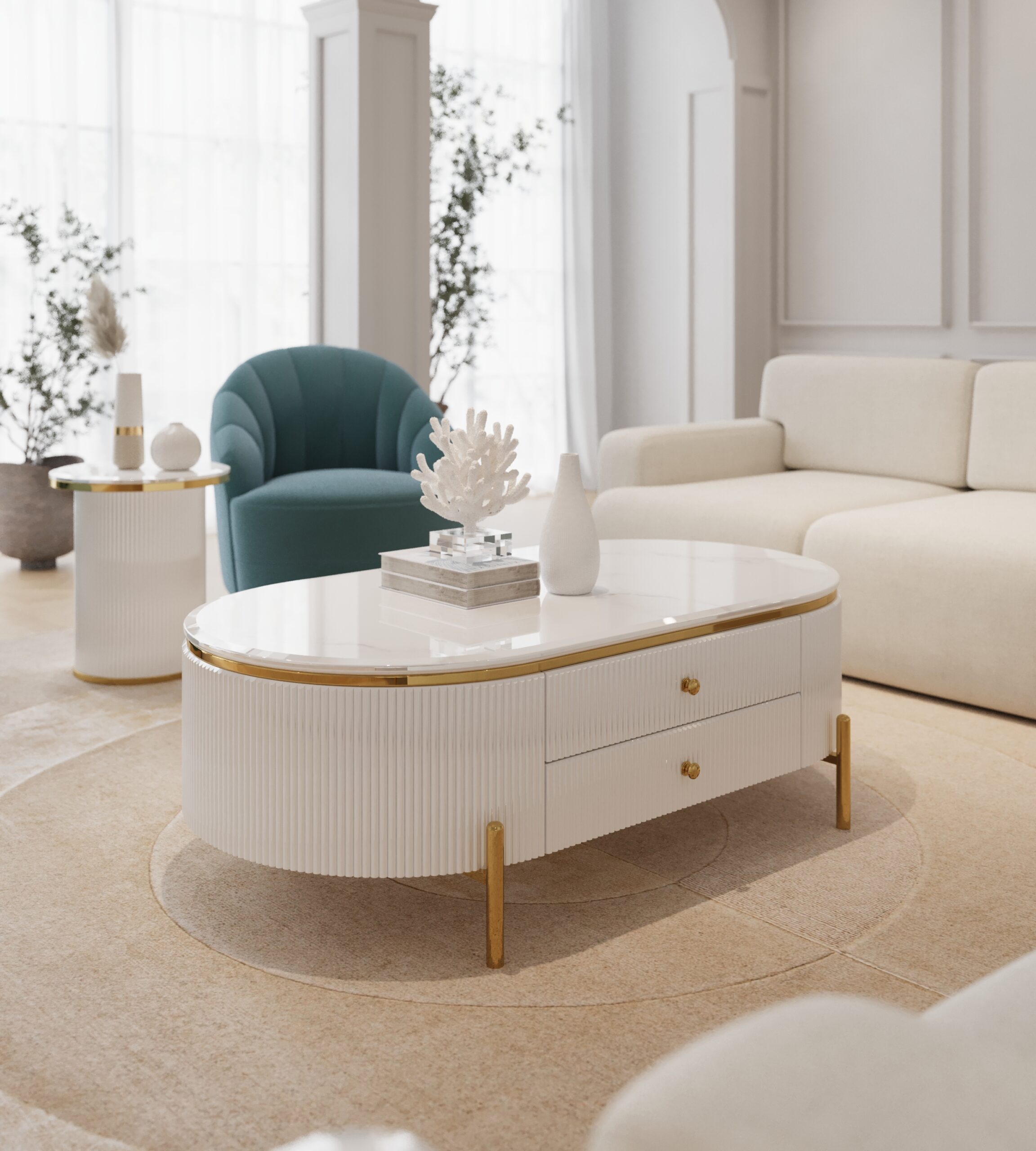 STOLIK KAWOWY Anne z ryflowanym białym korpusem, złote metalowe dodatki, blat z konglomeratu, premium STOLIK KAWOWY Anne z ryflowanym białym korpusem, złote metalowe dodatki, blat z konglomeratu, premium