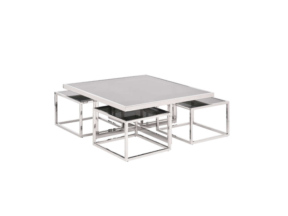 STOLIK KAWOWY kwadratowy, futurystyczna srebrna podstawa, czarny szklany blat, nowoczesny styl, ekskluzywny