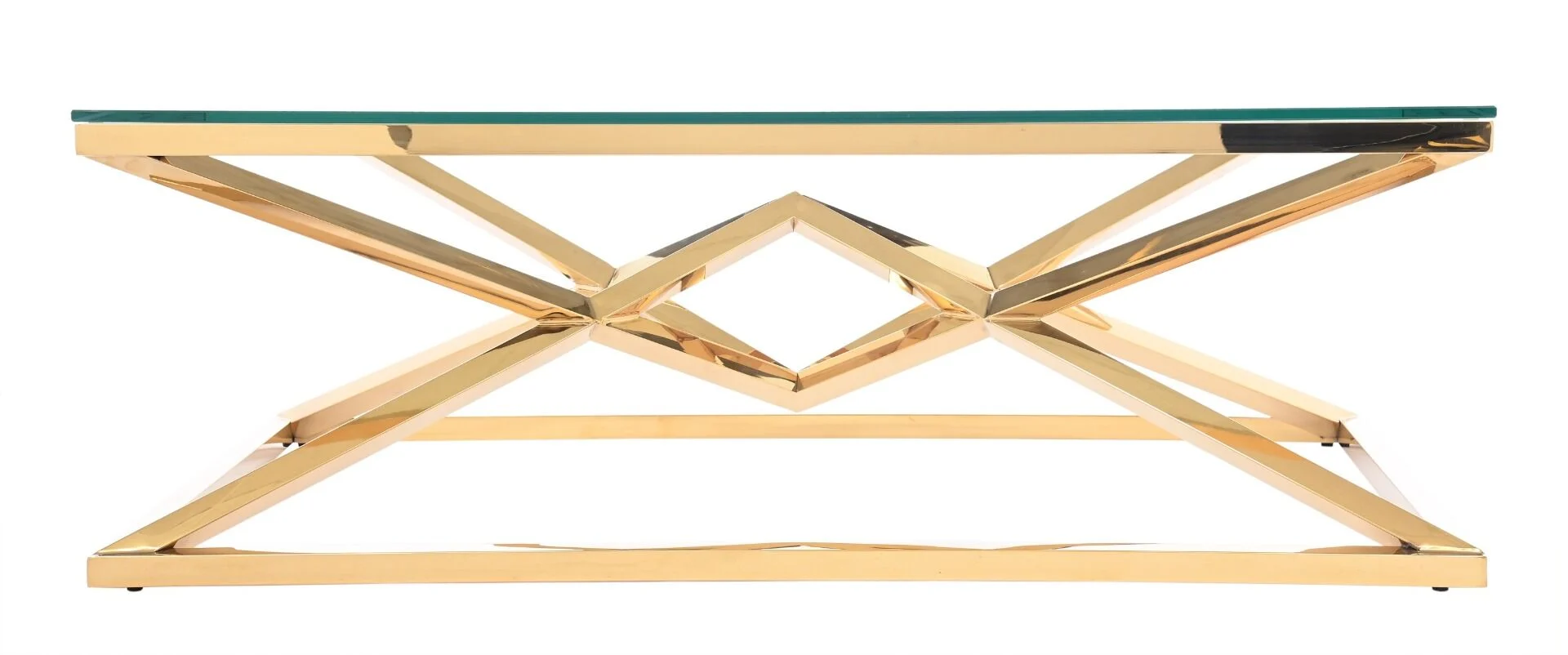 STOLIK KAWOWY na złotym dekoracyjnym stelażu, transparentny blat, nowojorski glamour, elegancki