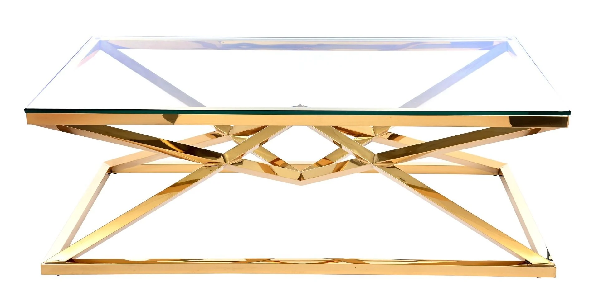 STOLIK KAWOWY na złotym dekoracyjnym stelażu, transparentny blat, nowojorski glamour, premium