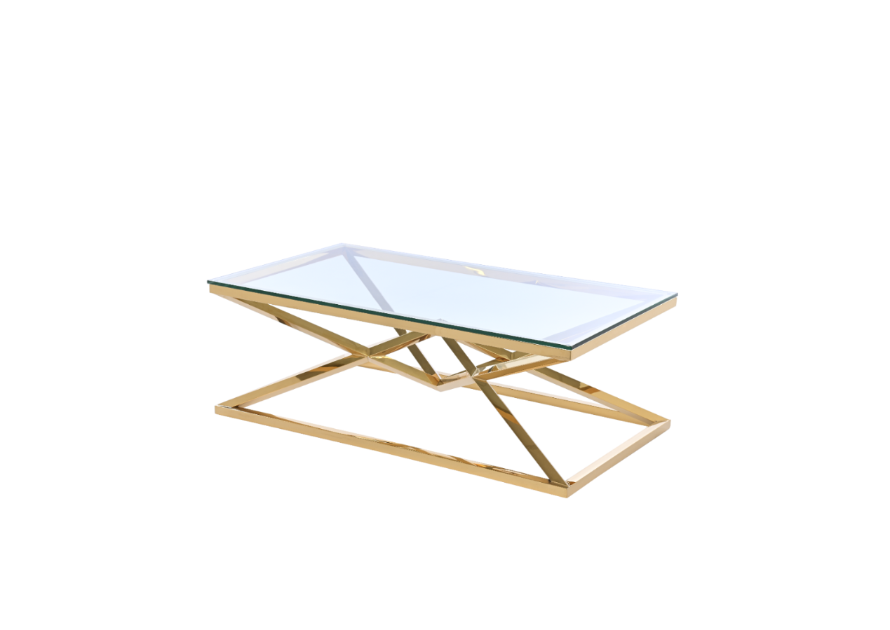 STOLIK KAWOWY na złotym dekoracyjnym stelażu, transparentny blat, nowojorski glamour, wysoka jakość