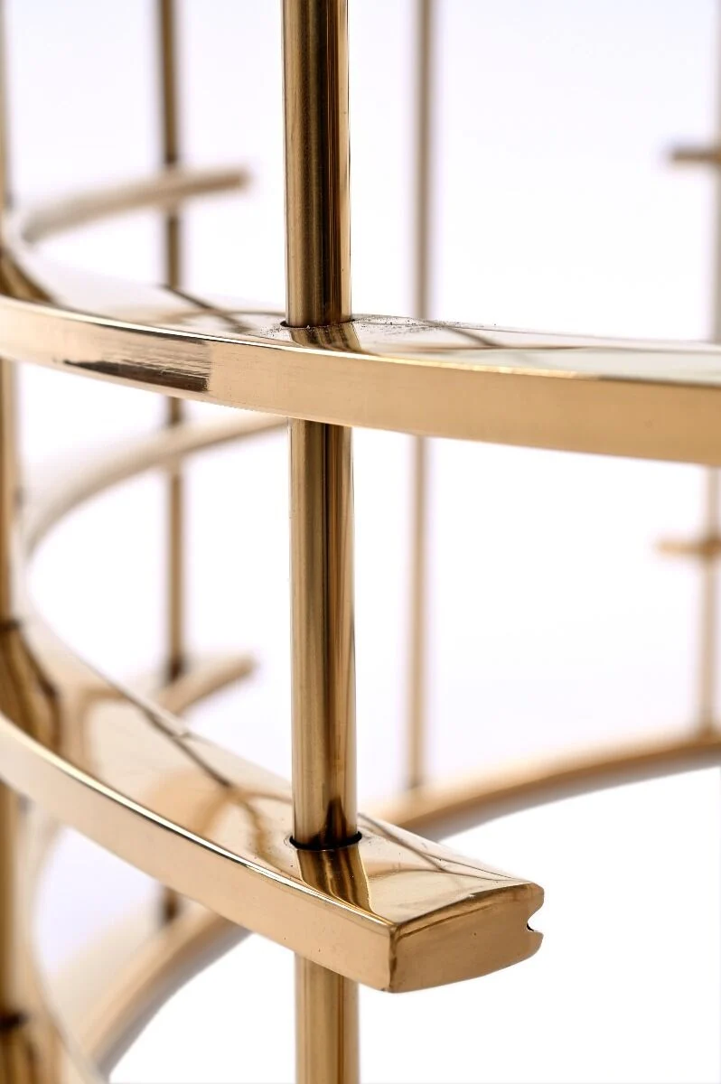 STOLIK KAWOWY okrągły, złote designerska podstawa, transparentny szklany blat, nowoczesny, detale