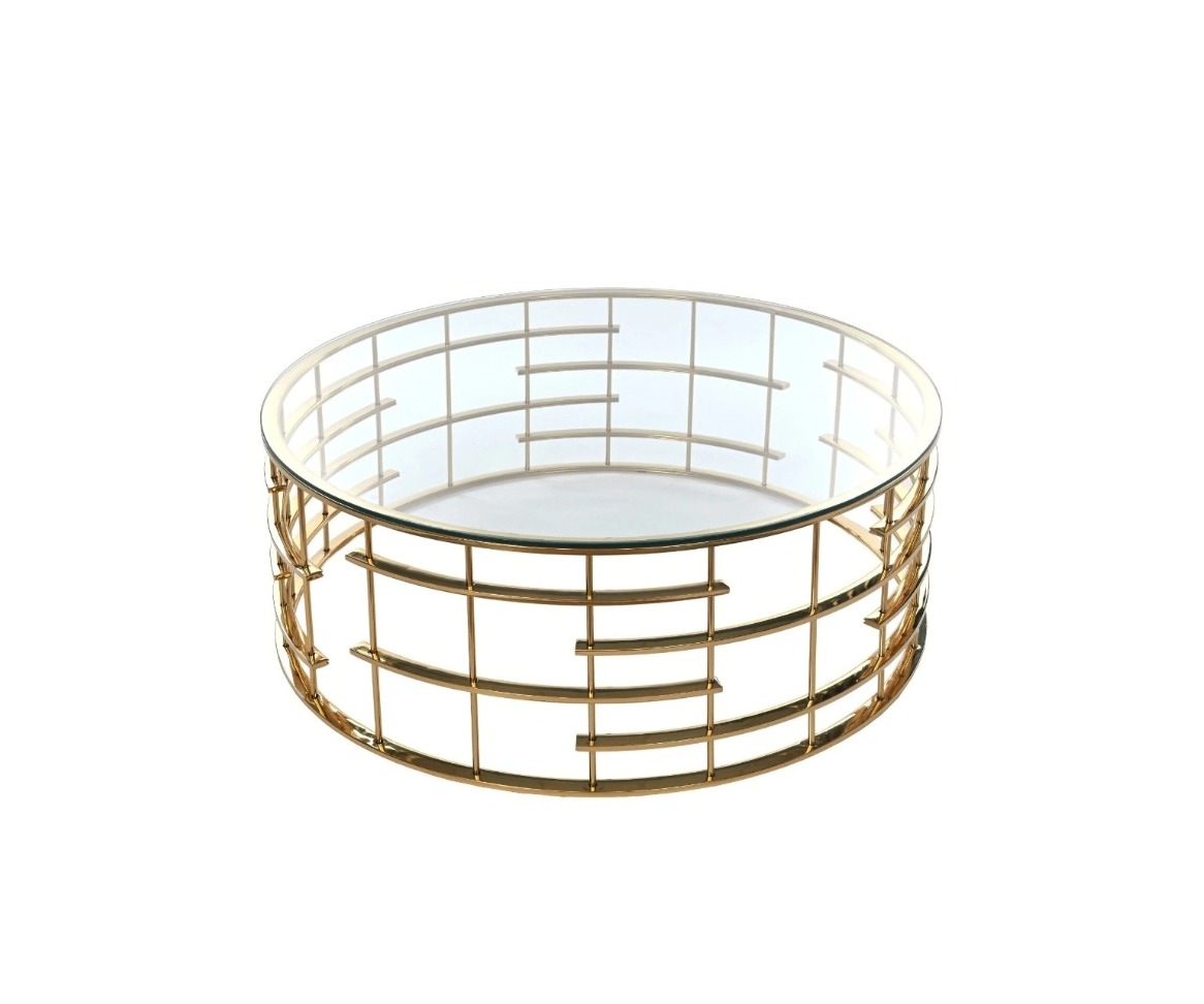 STOLIK KAWOWY okrągły, złote designerska podstawa, transparentny szklany blat, nowoczesny, do salonu