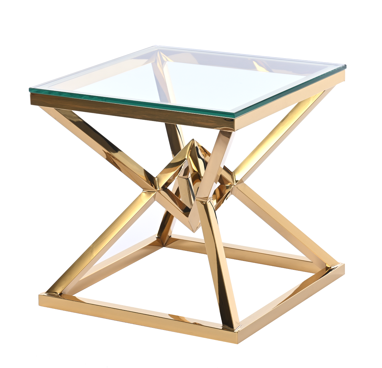 STOLIK POMOCNICZY złoty, metalowa podstawa, transparentny szklany blat, styl glamour, wyjątkowy
