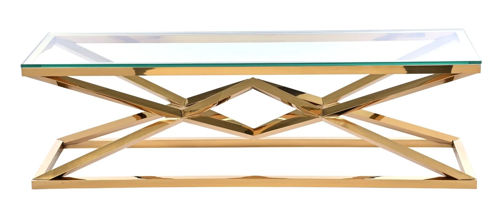 SZAFKA RTV transparentny szklany blat, złoty stelaż ze stali nierdzewnej, dekoracyjna