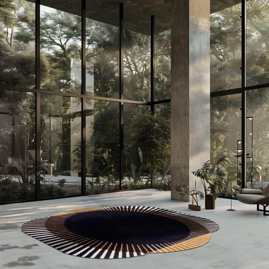 DYWAN o nieregularnym kształcie, czarny ze złotym okręgiem, ręcznie robiony, wyjątkowy DYWAN o nieregularnym kształcie, czarny ze złotym okręgiem, ręcznie robiony, wyjątkowy