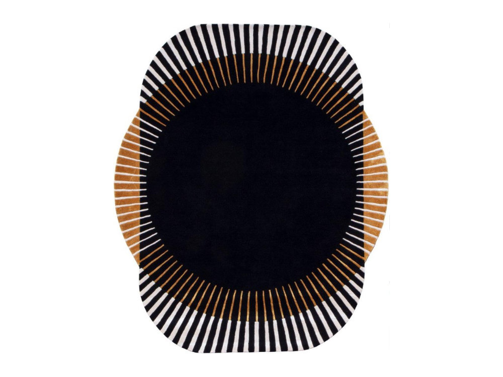 DYWAN o nieregularnym kształcie, czarny ze złotym okręgiem, ręcznie robiony DYWAN o nieregularnym kształcie, czarny ze złotym okręgiem, ręcznie robiony