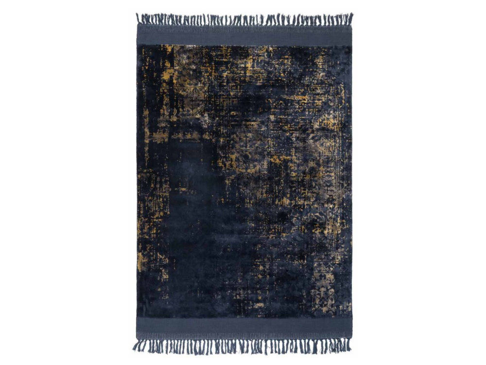 DYWAN prostokątny z frędzlami, ręcznie wykonany w Indiach, granatowo-złoty, nowoczesny DYWAN prostokątny z frędzlami, ręcznie wykonany w Indiach, granatowo-złoty, nowoczesny