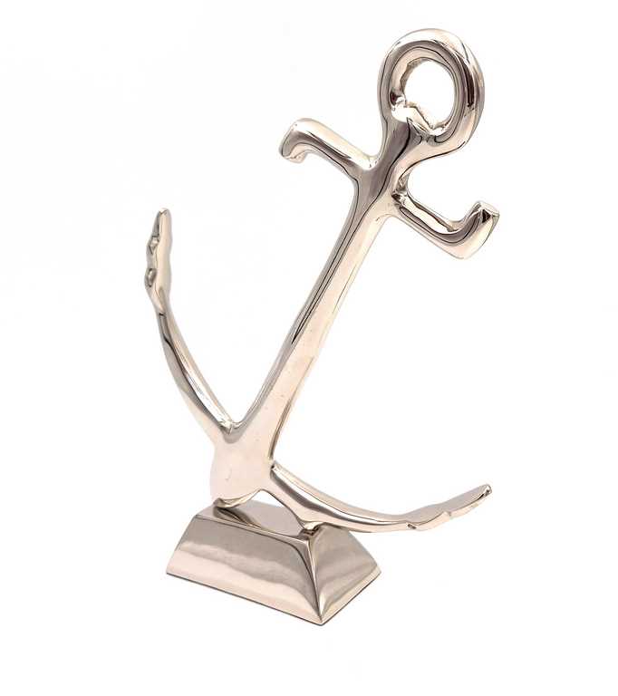 FIGURKA DEKORACYJNA duża metalowa kotwica w srebrnym wydaniu, błyszczące wykończenie, nowoczesna, ekskluzywna