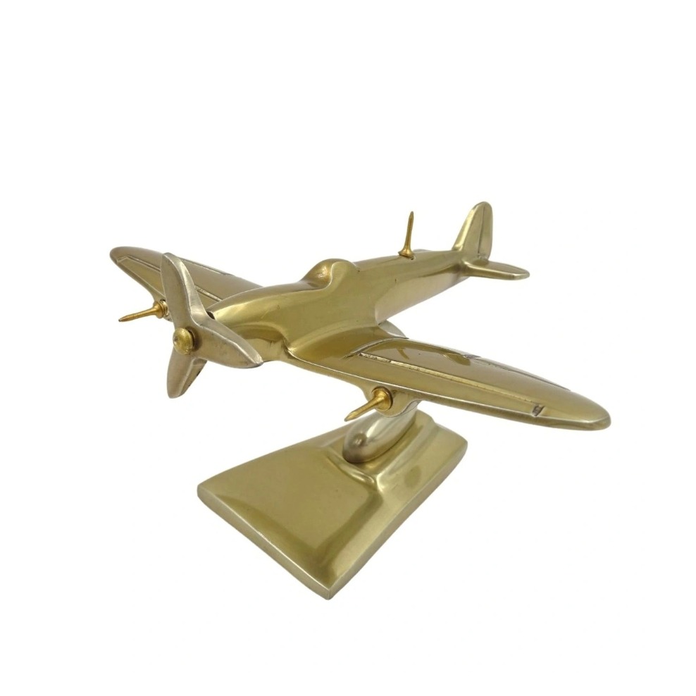 FIGURKA DEKORACYJNA złoty, aluminiowy samolot Spitfire na nóżce nowoczesny styl