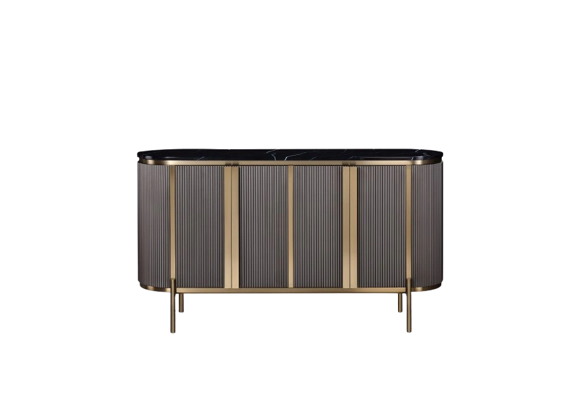 KOMODA o zaokrąglonych bokach, ryflowany grafitowy korpus ze złotymi detalami, blat marmurowy