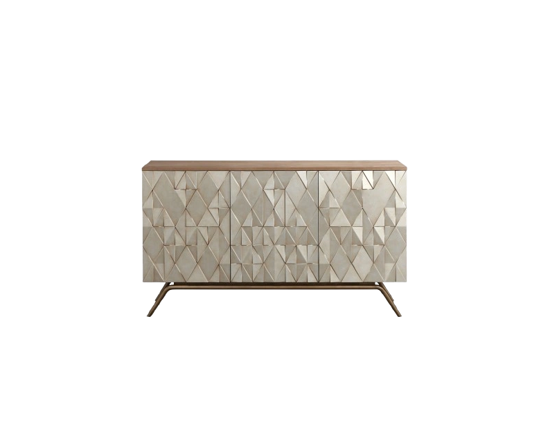 KOMODA w szampańsko złotym wydaniu, geometryczny strukturalny wzór na froncie, brązowe nogi KOMODA w szampańsko złotym wydaniu, geometryczny strukturalny wzór na froncie, brązowe nogi